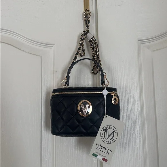 VALENTINO ORLANDI Black Quilted Vegan Cosmetic Case Crossbody Purse NWT $330 - Picture 2 of 11